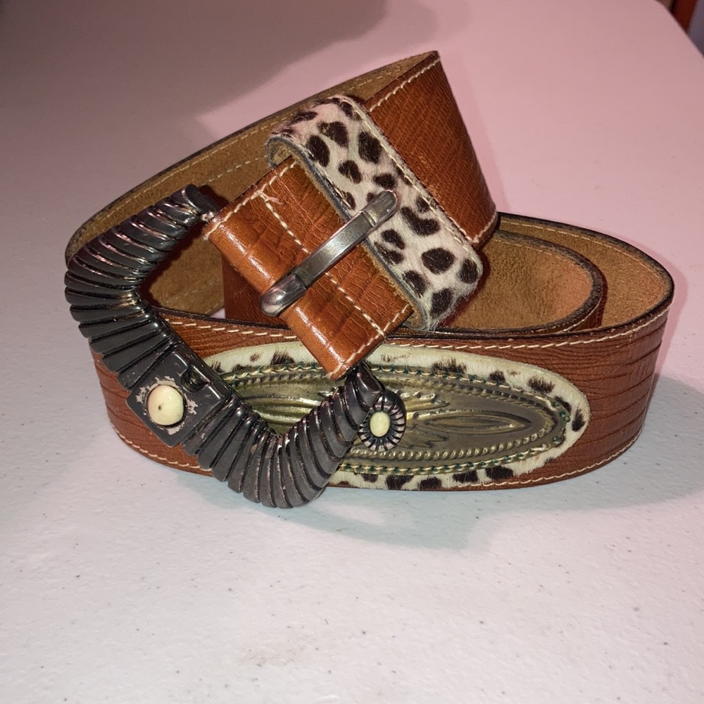 ADOPPIA VITA Rare leather, silver, calfskin brown wide belt - decorative buckle